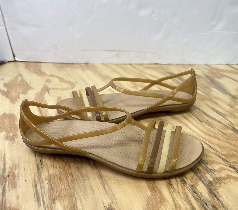 Crocs Isabella Sandals T-Strap Bronze Beige Jelly Strappy Flat Women's Size 6